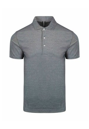 Gray short-sleeve polo shirt with three white buttons and a folded collar on a white background.