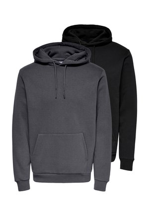 Two plain hooded sweatshirts with front pockets, one dark gray in front and one black behind, displayed on a white background.