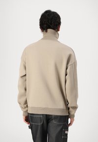 Sudadera beige con un cuello alto, puños y dobladillo acanalados. Tela suave con un ajuste relajado, costuras detalladas en la parte posterior y lateral.