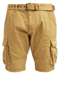 Shorts cargo marron clair avec plusieurs poches et une ceinture assortie en tissu avec une boucle en métal.
