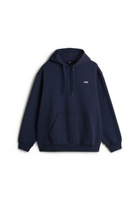 Felpa con cappuccio blu navy realizzata in tessuto morbido, dotata di tasca a marsupio e logo bianco sul petto, con polsini e orlo a costine.