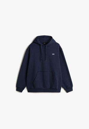 Navy blue hooded sweatshirt made of soft fabric, featuring a kangaroo pocket and white logo on the chest, with ribbed cuffs and hem.