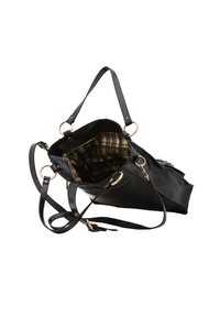 Zwarte leren handtas met gouden hardware, een ritszak en een geruite binnenkant. Inclusief twee schouderbanden en een rechthoekige vorm.