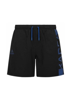 Pantaloni shorts neri realizzati in tessuto leggero, dotati di un cordoncino blu e logo laterale con scritta blu, dal design rilassato e senza tasche.