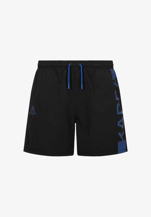 Pantaloni shorts neri realizzati in tessuto leggero, dotati di un cordoncino blu e logo laterale con scritta blu, dal design rilassato e senza tasche.