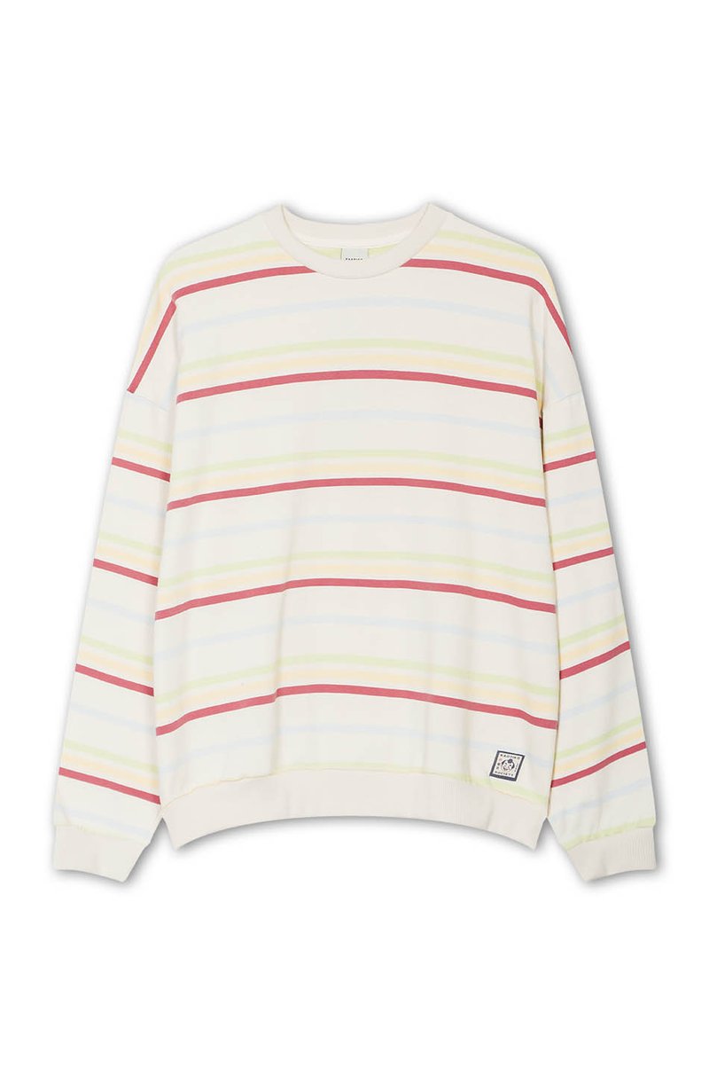 Felpa a maniche lunghe color crema con righe orizzontali rosa, verde e giallo. Polsini e fondo a costine; presenta una piccola etichetta con logo.
