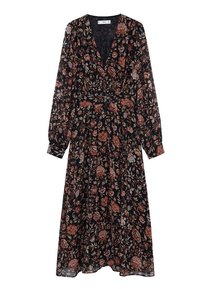 Langärmliges Blumenkleid in Schwarz mit tiefem V-Ausschnitt, tailliertem Schnitt und fließendem, leichtem Stoff mit Rosen- und Blattmustern.