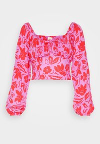Crop top rose à manches longues bouffantes, avec un motif floral rouge. Encolure carrée avec des détails froncés et un lien décoratif à l'avant.