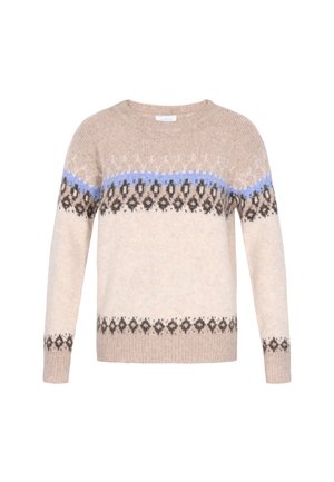 Suéter de punto en beige, con patrones geométricos en azul y marrón. Cuello redondo y mangas largas, textura suave y dobladillo acanalado.