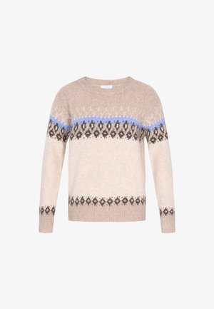 Triko z pletené příze v béžové barvě, zdobené modrými a hnědými geometrickými vzory. Kulatý výstřih a dlouhé rukávy, měkká textura a žebrovaný lem.