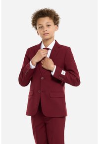 Traje burdeos con un blazer estructurado y pantalones a juego. El blazer cuenta con dos botones, bolsillos laterales y un pequeño parche con el logotipo en la manga.