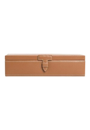 Brown leather rectangular case with a smooth texture, featuring white stitching and a T-shaped clasp. Suitable for storing items securely.