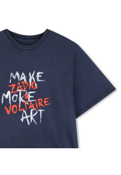 Μπλε ναυτικού βαμβακερό t-shirt με σχεδιασμό γραφικού κειμένου σε λευκό και πορτοκαλί που γράφει "MAKE ZADIG & VOLTAIRE ART", με κλασικό στρογγυλό λαιμό.