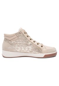 Beige mid-top sneaker with geometric metallic pattern, lace-up front, padded collar, white sole, and rubberized brown outsole.