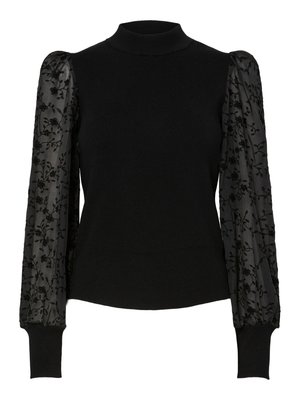 Czarny prążkowany sweter z wysokim kołnierzem i przezroczystymi bufkami z haftem kwiatowym. Dopasowany krój z kontrastowymi, teksturowanymi rękawami.