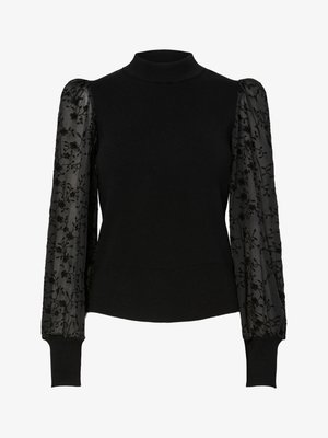 Czarny prążkowany sweter z wysokim kołnierzem i przezroczystymi bufkami z haftem kwiatowym. Dopasowany krój z kontrastowymi, teksturowanymi rękawami.