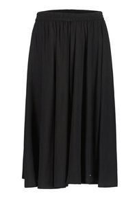 Zwarte, knielange jersey rok met een elastische tailleband, met een vloeiende silhouet en zachte, lichtgewicht textuur. Geen patronen of hardware.