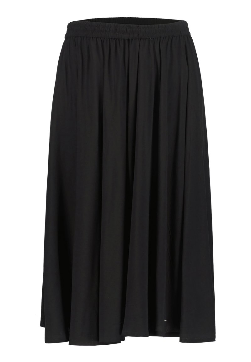 Zwarte, knielange jersey rok met een elastische tailleband, met een vloeiende silhouet en zachte, lichtgewicht textuur. Geen patronen of hardware.