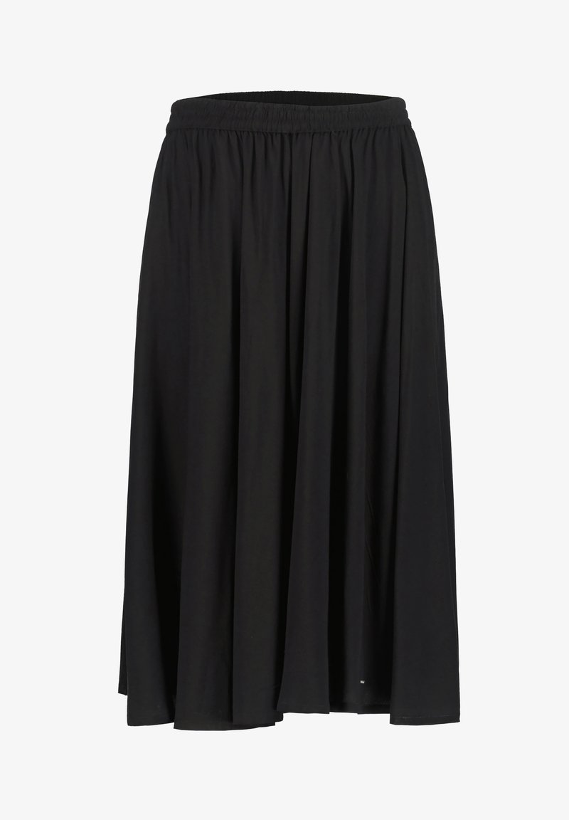 Falda de punto negra, hasta la rodilla, con una cintura elástica que presenta una silueta fluida y una textura suave y ligera. Sin patrones ni adornos.