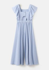 Lyseblå buksedragt lavet af tekstureret stof, med flæseærmer, firkantet halsudskæring og åben ryg med elastisk talje.