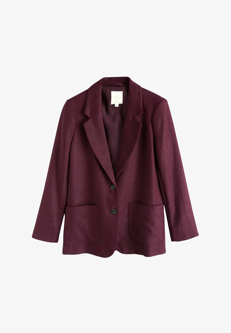 Blazer da donna in lino color borgogna scuro con due bottoni, rever a intaglio, maniche lunghe e due tasche applicate frontali.