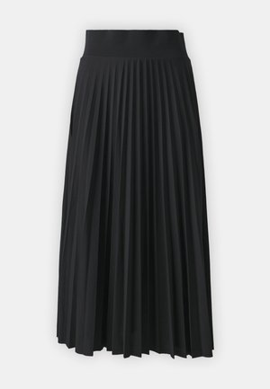 Zwarte geplooide rok met een brede tailleband, gekenmerkt door uniforme verticale plooien. Soepele textuur met een vloeiend ontwerp.