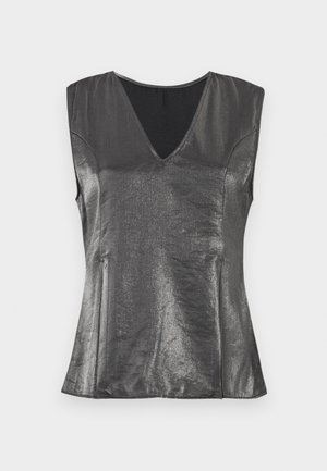 Metallic grå ærmeløs top med V-udskæring, glat tekstur og skræddersyet pasform. Har diskrete sidesømme og et minimalistisk design.