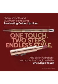 Perfilador de labios Everlasting Colour y barra de labios One Magic Touch sobre fondo burdeos con texto que destaca la aplicación suave y precisa y la hidratación añadida.