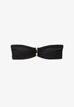 Black strapless bandeau top with slight ruching in the center and smooth fabric texture.