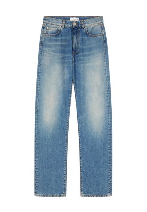 Jeans in denim azzurro chiaro con una vestibilità dritta, dotati di cinque tasche, chiusura a bottone e leggera scoloritura sul tessuto.
