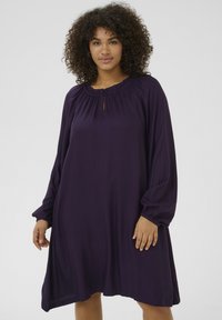 Purple long-sleeve dress with a gathered neckline and a keyhole detail. Soft fabric with a loose fit and elasticized cuffs.