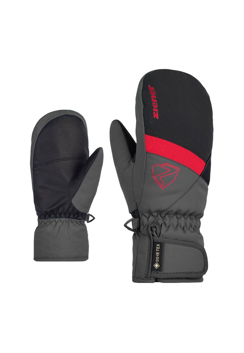 Moufles imperméables grises avec des accents noirs et un logo rouge. Elles disposent de paumes texturées et de poignets élastiques pour un maintien sécurisé. Matériau Gore-Tex utilisé.