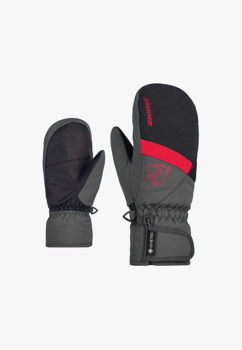 Moufles imperméables grises avec des accents noirs et un logo rouge. Elles disposent de paumes texturées et de poignets élastiques pour un maintien sécurisé. Matériau Gore-Tex utilisé.