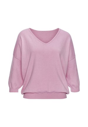 Soft pink knit sweater with V-neck, dropped shoulders, balloon sleeves, and ribbed cuffs and hem against white background.
