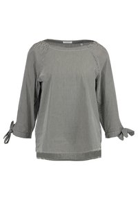 Top a righe bianche e nere con maniche a tre quarti, presenta dettagli a laccio sui polsini e un tessuto leggero e strutturato.