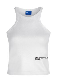 Balta be rankovių trumpa palaidinė su aukštu kaklu ir "Karl Lagerfeld Jeans" logotipu dešinėje apatinėje dalyje.