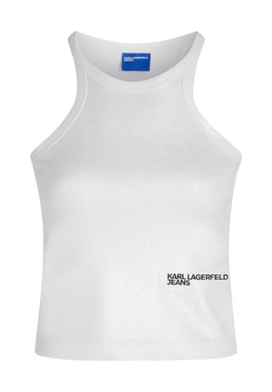 Weißes ärmelloses Crop-Top mit hohem Kragen und „Karl Lagerfeld Jeans“-Logo auf der unteren rechten Vorderseite.