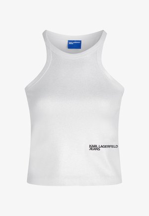 Weißes ärmelloses Crop-Top mit hohem Kragen und „Karl Lagerfeld Jeans“-Logo auf der unteren rechten Vorderseite.