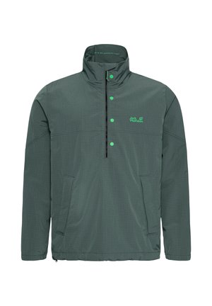 Groene, lichtgewicht pulloverjas met een kwartrits, ruitpatroon, twee zijzakken en een logo in contrasterend felgroen.