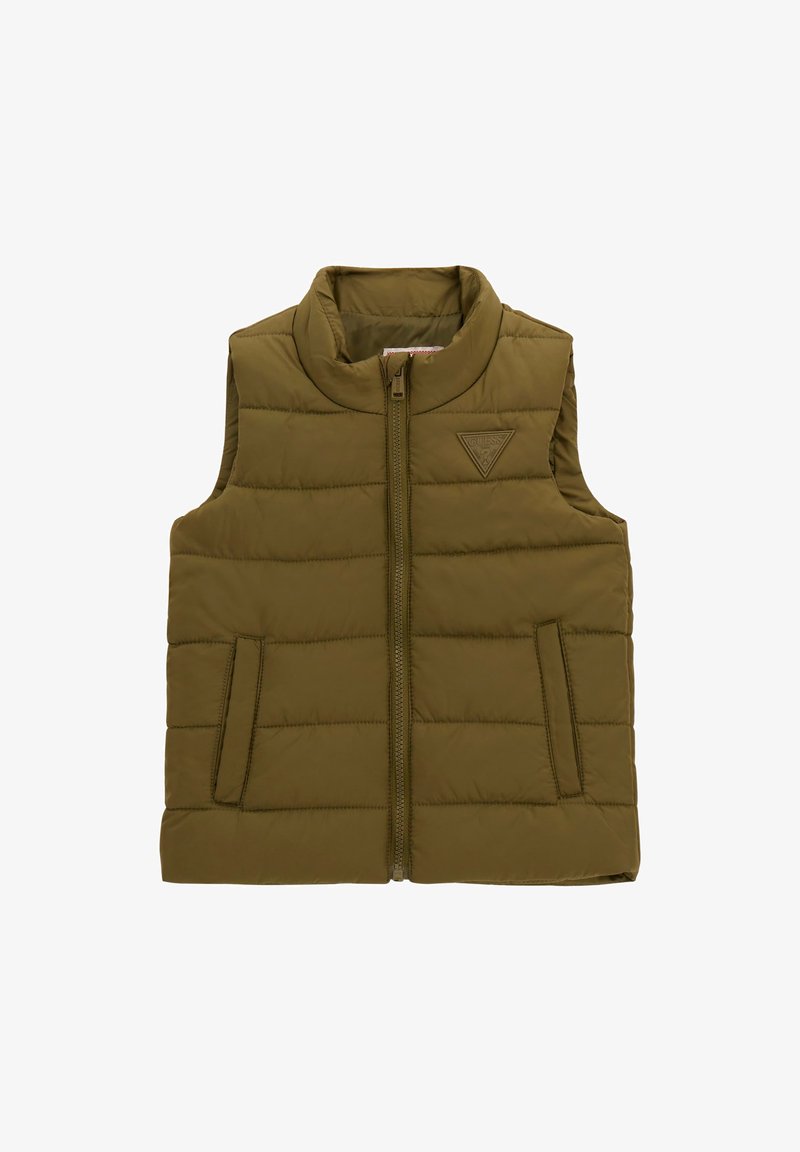 Alyvos žalia pūkinė liemenė su aukštu garsumu, priekiniais užtrauktukais, dviem šoninėmis kišenėmis ir siuvinėtu tekstūru. Yra prekės ženklo logotipas ant krūtinės.