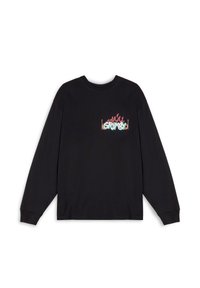 Schwarzer Langarm-Sweatshirt mit Rundhalsausschnitt und einem bunten "GRIMY"-Grafik mit Flammen auf der linken Vorderseite. Aus weichem Baumwollmaterial.