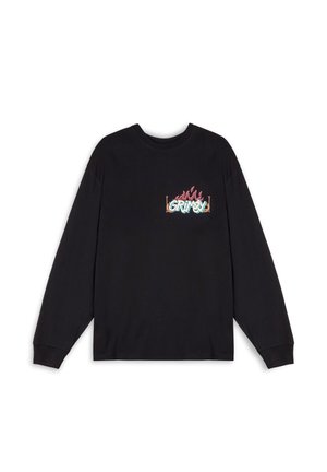 Black long-sleeve sweatshirt with a crew neck and a colorful "GRIMY" graphic featuring flames on the front left. Soft cotton material.
