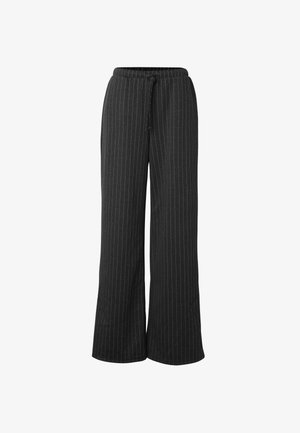 Juodos plačios kelnės su baltomis plonomis juostelėmis ir reguliuojamu raišteliu juosmens srityje.