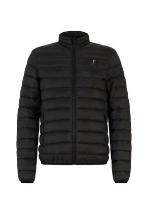 Black puffer jacket with a high collar, horizontal stitching, zip front, and discreet logo on the chest, featuring a smooth texture.