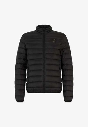 Black puffer jacket with a high collar, horizontal stitching, zip front, and discreet logo on the chest, featuring a smooth texture.