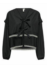 Czarny krótki top z dekoltem w serek, krótkimi rękawami i kokardkami z przodu. Posiada dekoracyjną białą koronkę wzdłuż dołu.