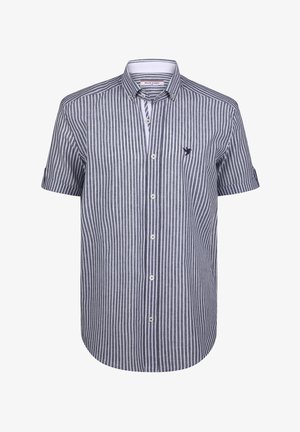Korte mouwen overhemd met knoopsluiting in marineblauw en witte verticale strepen, met een puntige kraag en een klein vogel-logo op de borst.