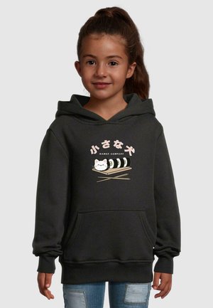 Felpa grigia scura con un design grafico di un gatto e sushi con bacchette. Realizzata in morbido cotone misto, presenta una tasca frontale e polsini a costine.