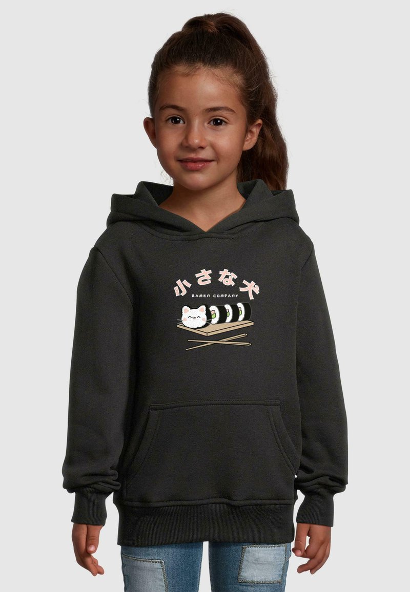 Felpa grigia scura con un design grafico di un gatto e sushi con bacchette. Realizzata in morbido cotone misto, presenta una tasca frontale e polsini a costine.
