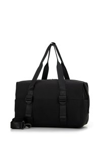 Sac de voyage rectangulaire noir avec deux poignées, boucles réglables et une bandoulière amovible sur fond blanc.